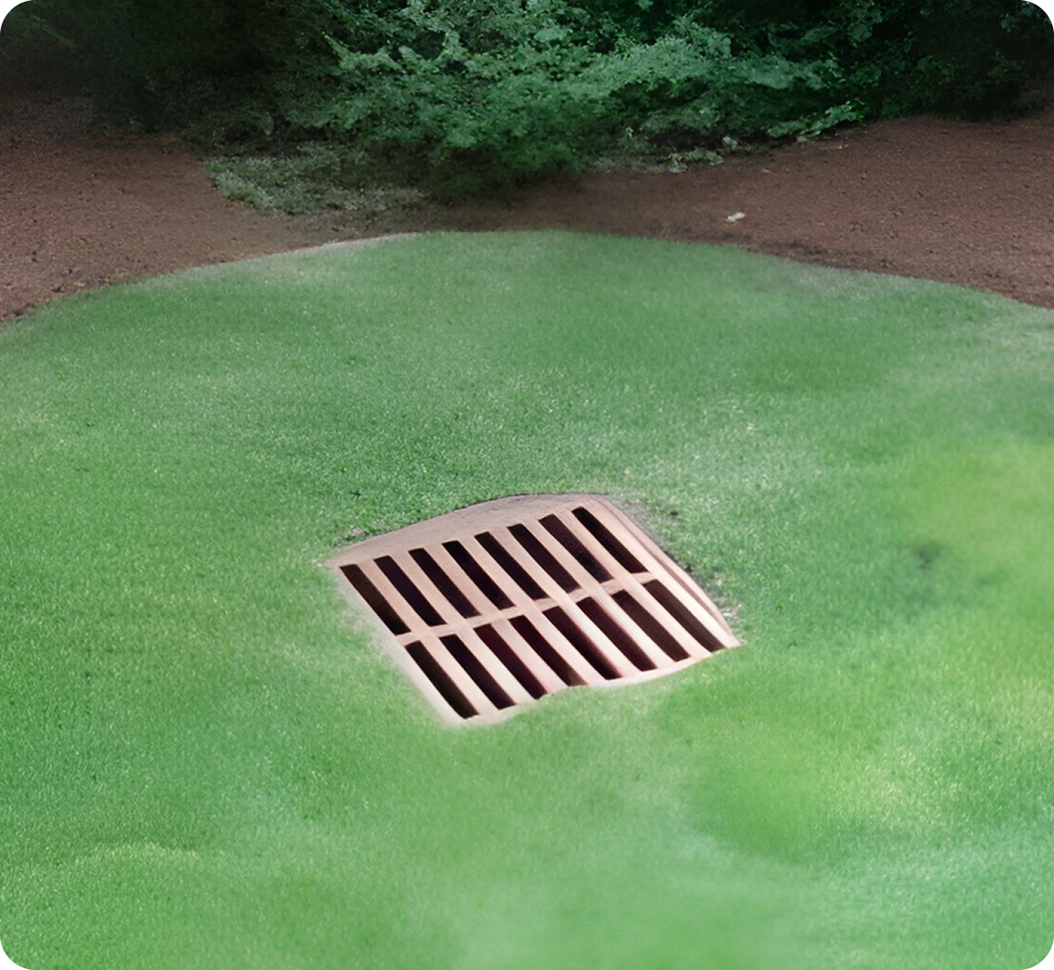 Drain cover on lush green lawn