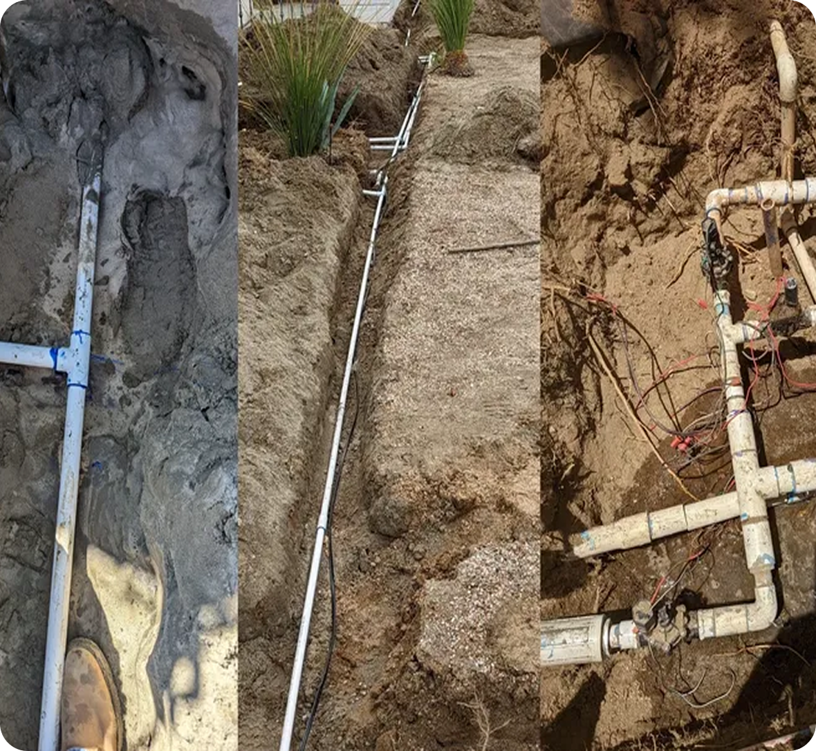 Underground irrigation pipes installed in dirt trenches