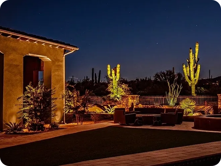 Nighttime patio with glowing cacti