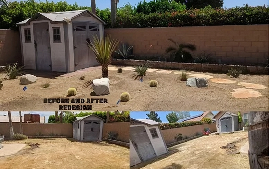 Backyard landscaping transformation with shed
